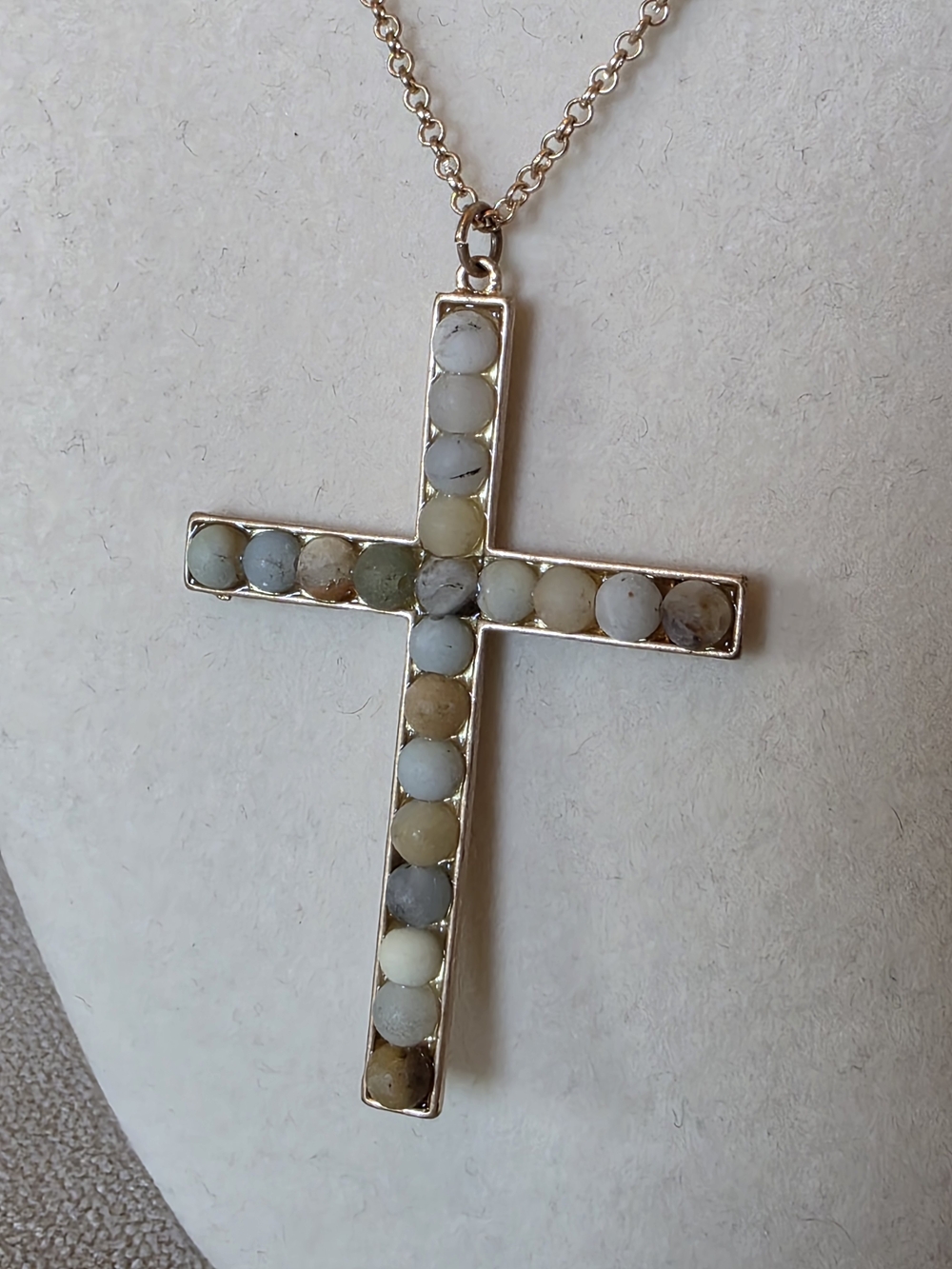 Gold Tone Cross Necklace Natural Stone Beaded Pendant - Long